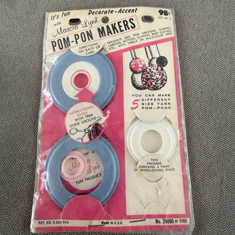 Vintage Marcia Lynn Pom-Pon Makers Set of 3 Pom Pom Tool NOS Made in USA